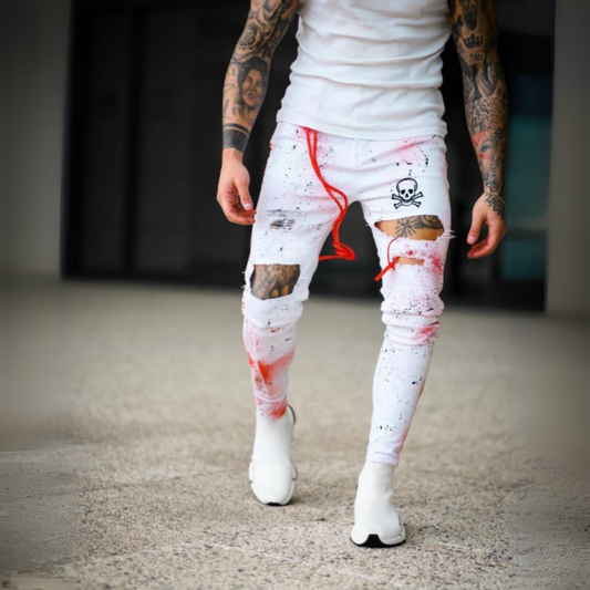 CALÇA SARJA SKINNY SPLASH RED PATCH ☠