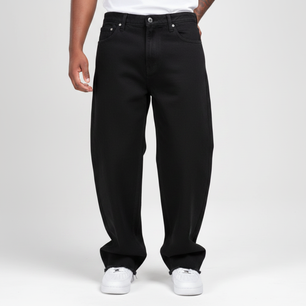 CALÇA BAGGY JEANS BLACK C/ BARRA DESFIADA
