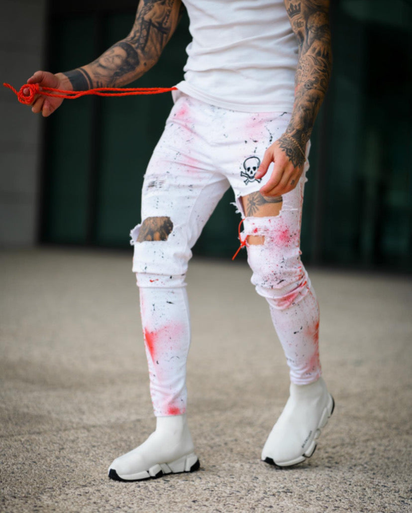 CALÇA SARJA SKINNY SPLASH RED PATCH ☠