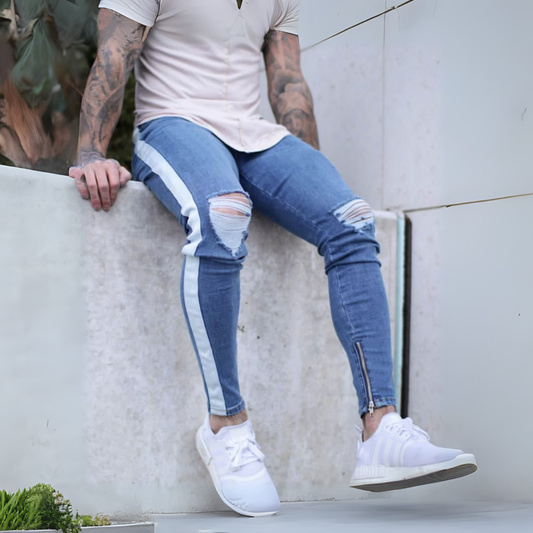 CALÇA JEANS SKINNY LISTRA BRANCA LATERAL