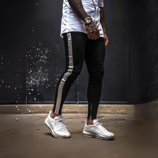 CALÇA JEANS BLACK FAIXA ACETINADA GREY