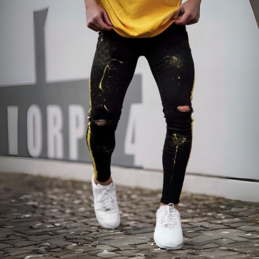 CALÇA PRETA JEANS SPLASH AMARELA