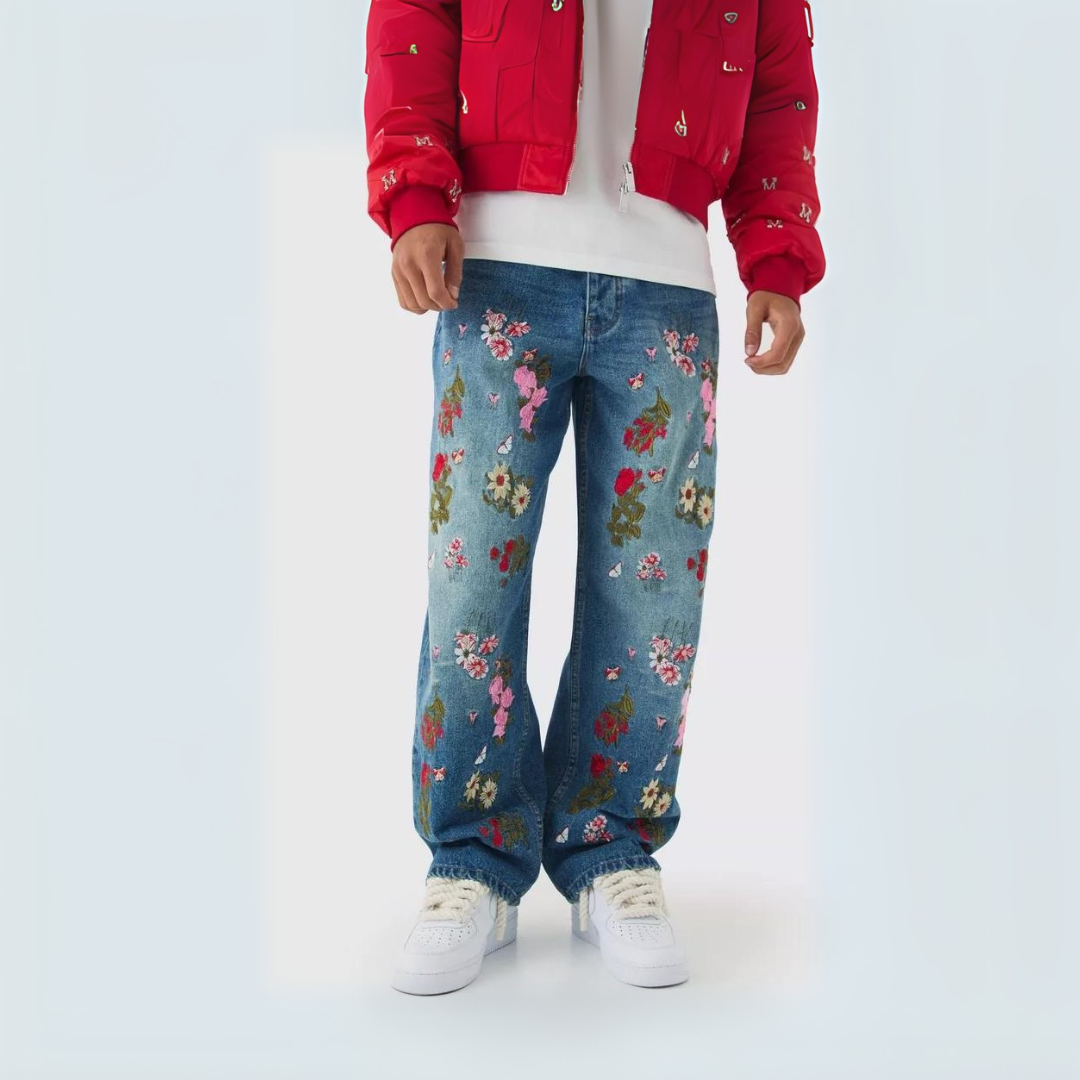 CALÇA JEANS BLUE OVERSIZED COM APLICAÇÃO 🌹