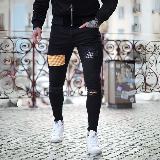 CALÇA BLACK SKINNY C/ SOBREPOSIÇÃO XADREZ