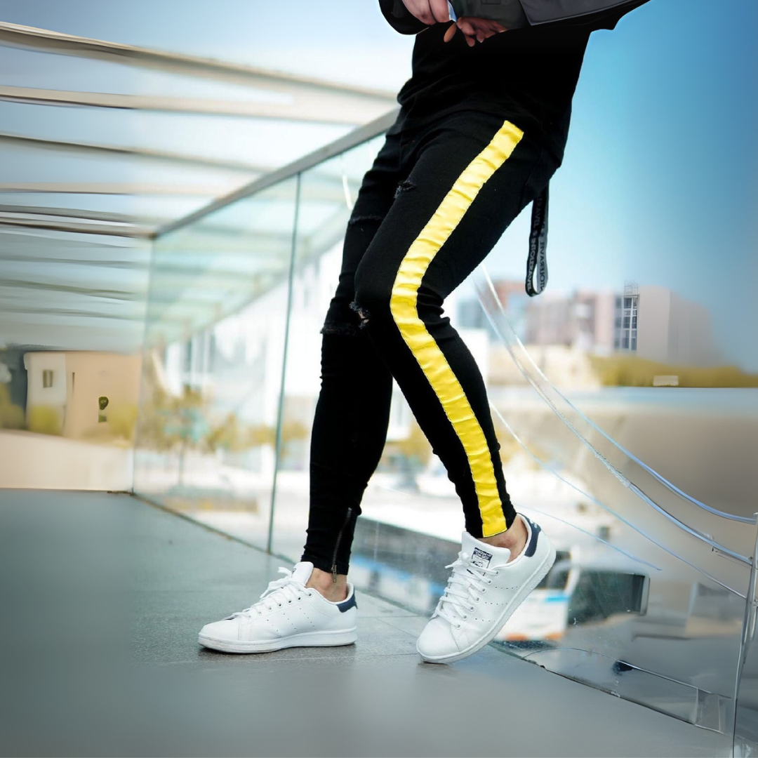 CALÇA JEANS BLACK FAIXA ACETINADA YELLOW