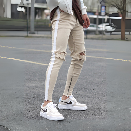 CALÇA SARJA FAIXA BRANCA +  ZÍPER NA BARRA