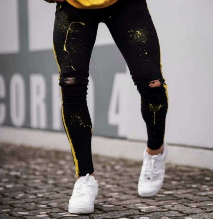 CALÇA PRETA JEANS SPLASH AMARELA