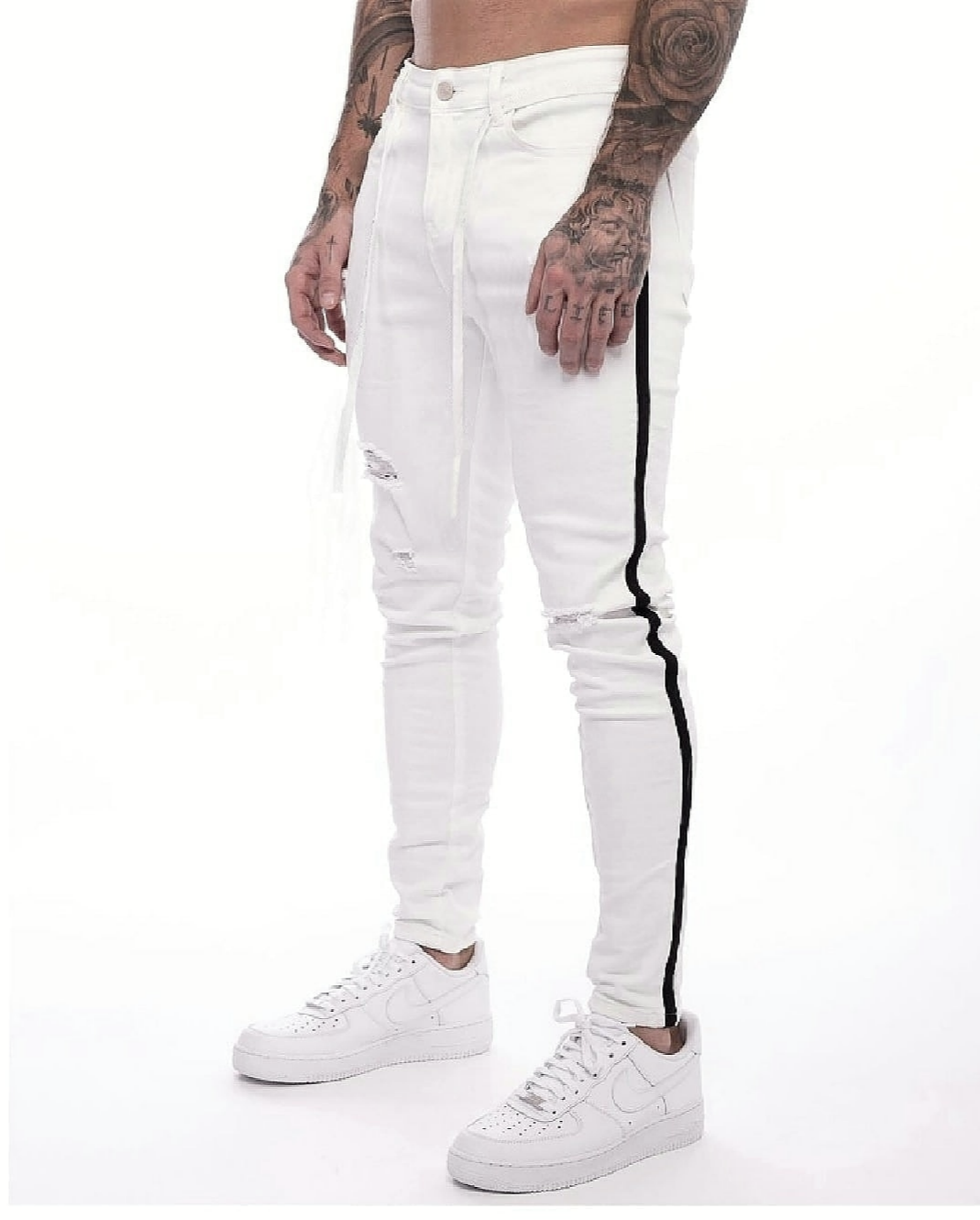 CALÇA BRANCA SKINNY LISTRA PRETA LATERAL / CORDÃO NO CÓS