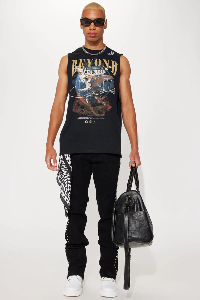 CALÇA BLACK JEANS FLARE STRASS LATERAL ✨