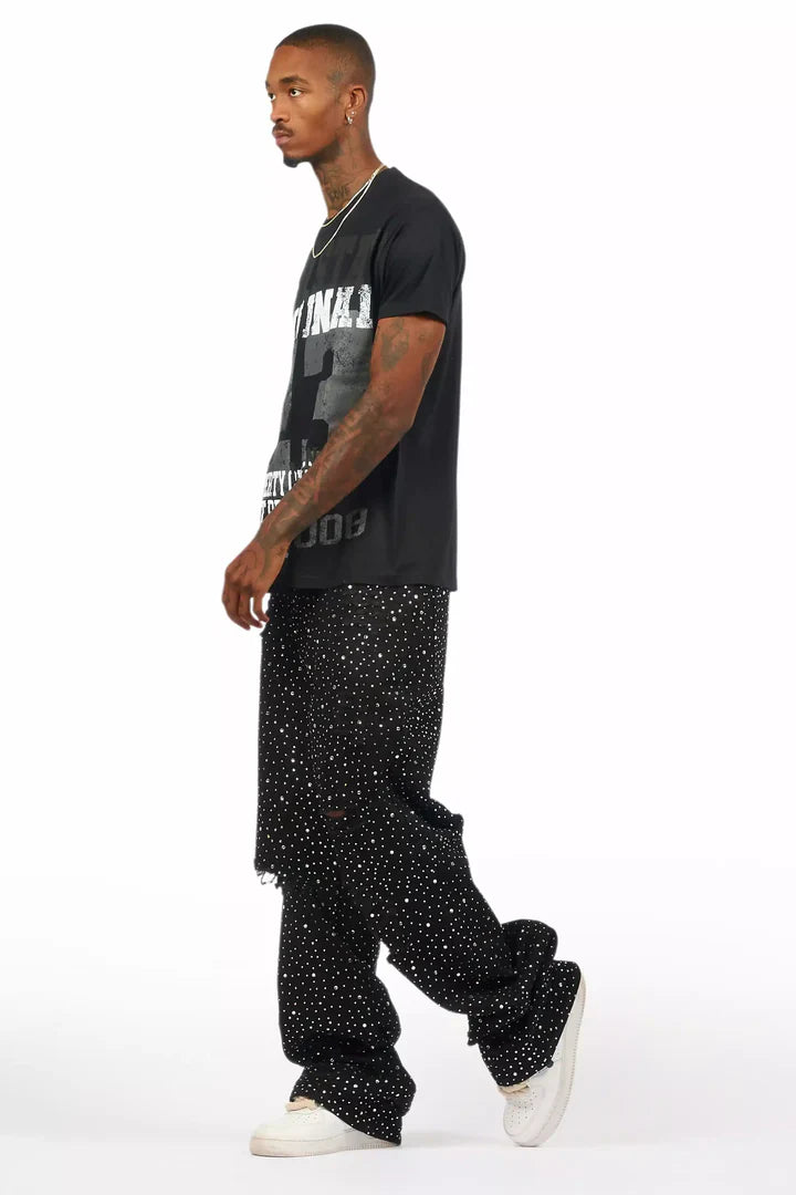CALÇA BAGGY BLACK JEANS DESTRÓYED TOTAL STRASS ✨✨