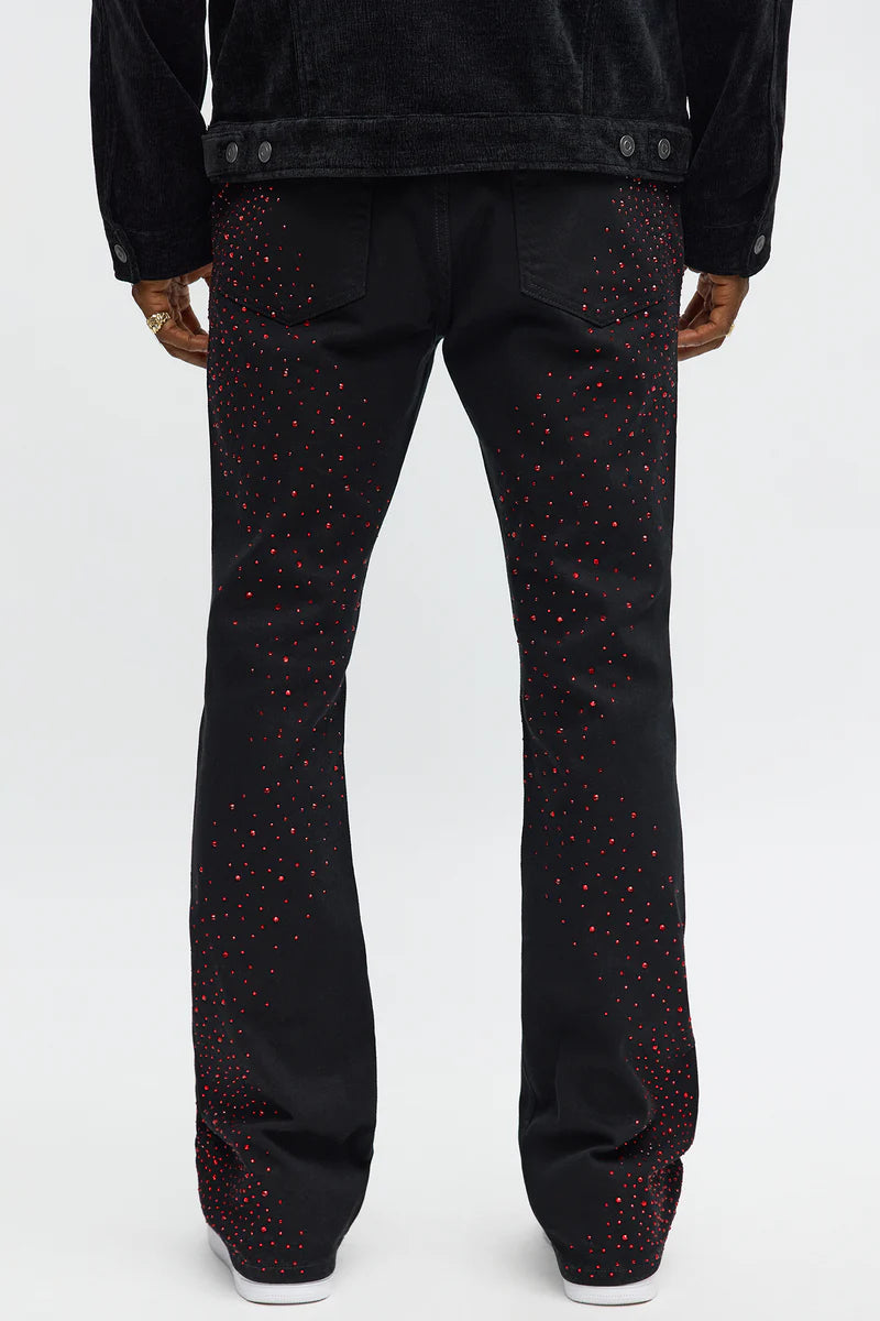 CALÇA BLACK JEANS FLARE RED STRASS ✨