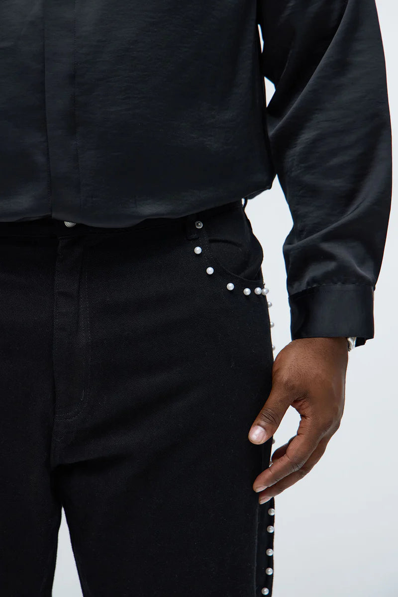 CALÇA BLACK JEANS FLARE PEARL LATERAL 🫧