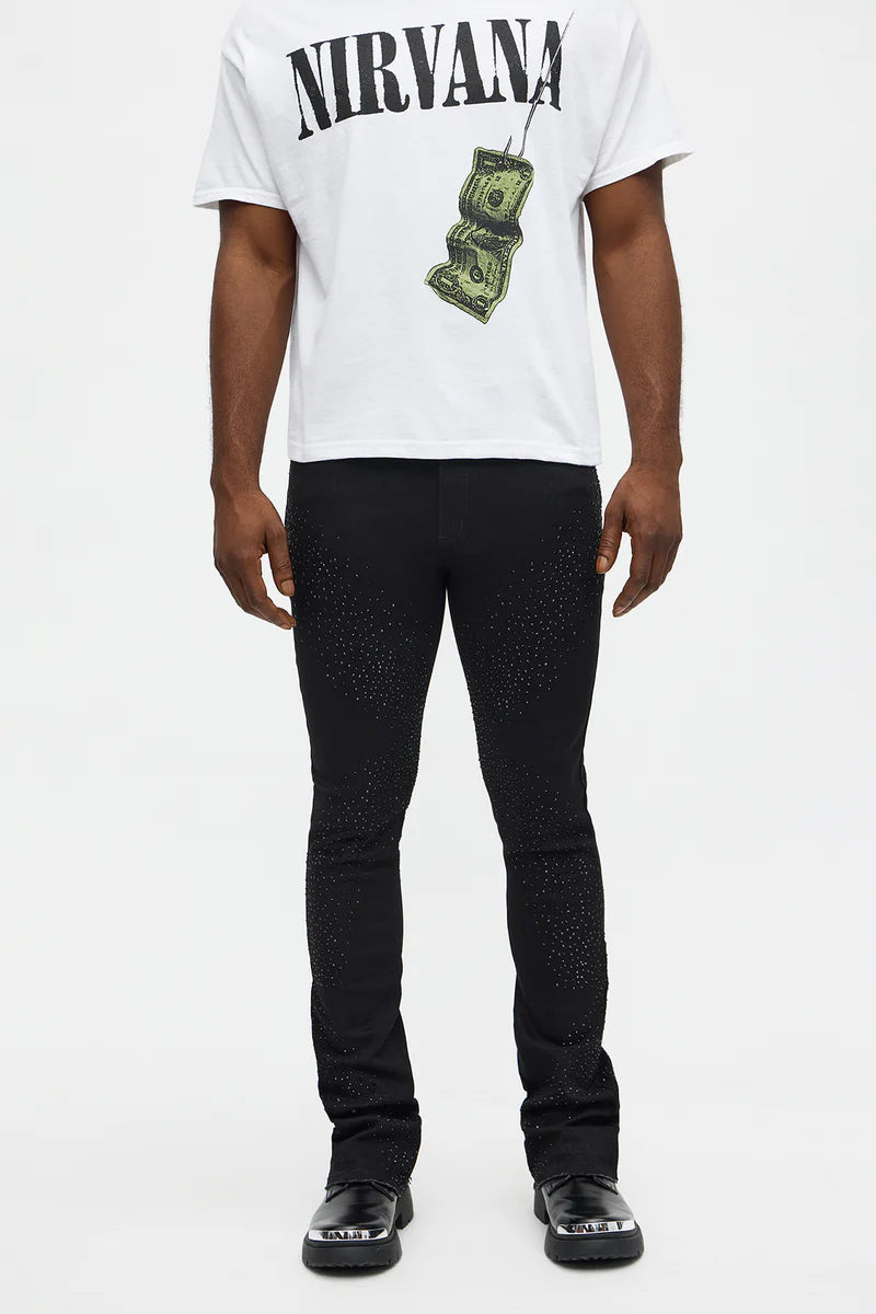 CALÇA JEANS SKINNY BLACK STRASS C/ CORRENTE✨