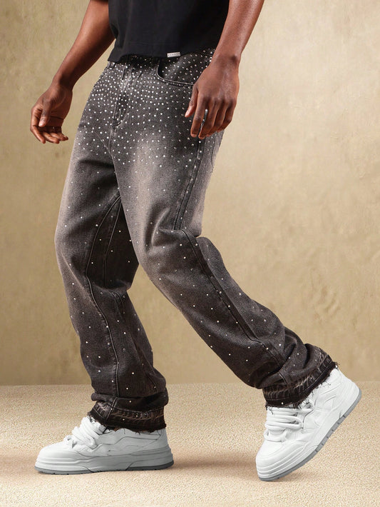 CALÇA JEANS BAGGY CINZA STRASS CRISTAL ✨