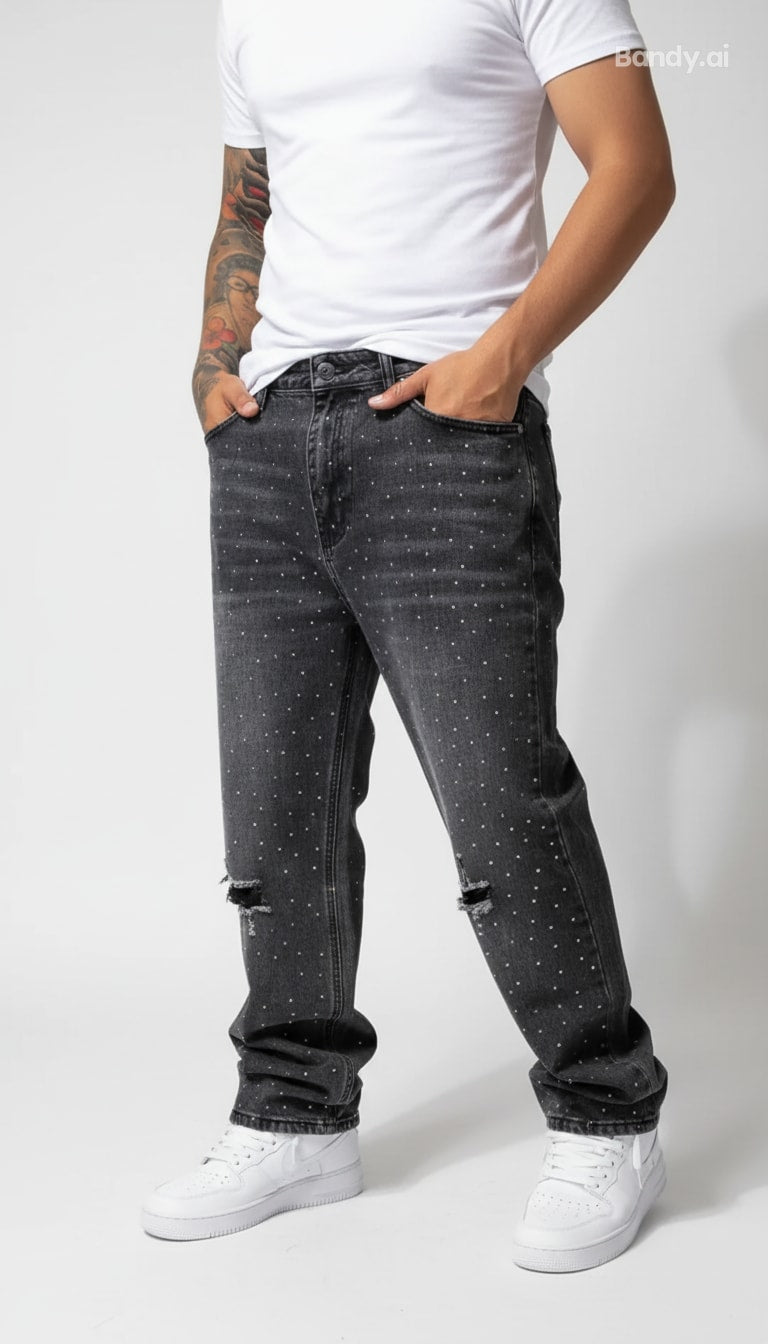 CALÇA BAGGY JEANS MARMORIZADA STRASS DESTRÓYED ✨✨