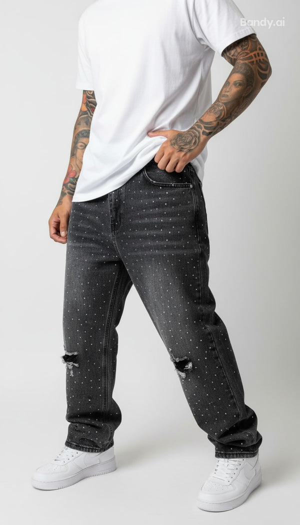 CALÇA BAGGY JEANS MARMORIZADA STRASS DESTRÓYED ✨✨