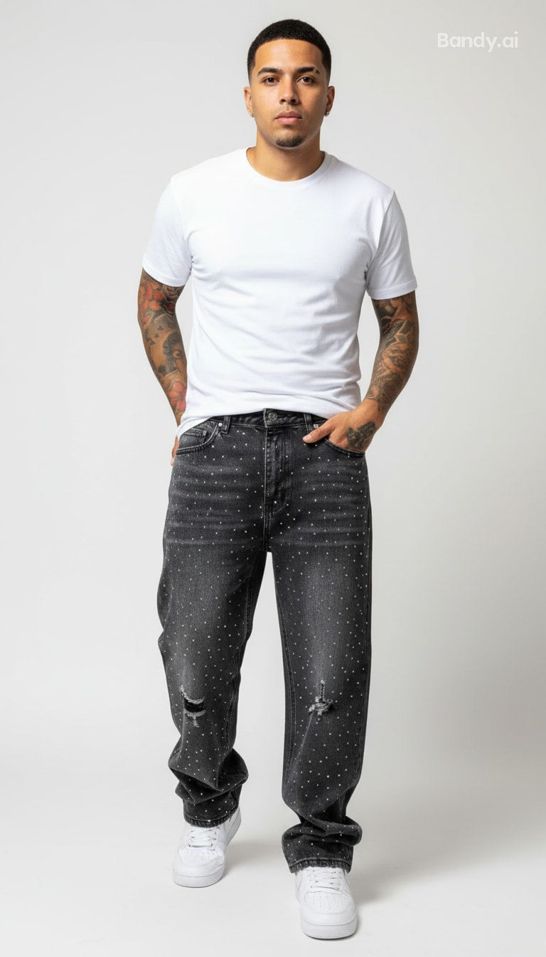 CALÇA BAGGY JEANS MARMORIZADA STRASS DESTRÓYED ✨✨