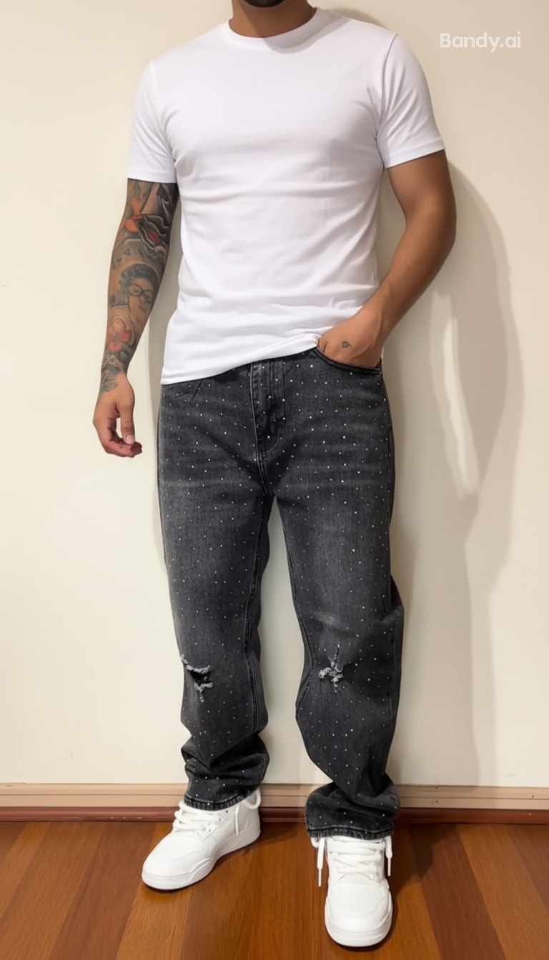 CALÇA BAGGY JEANS MARMORIZADA STRASS DESTRÓYED ✨✨