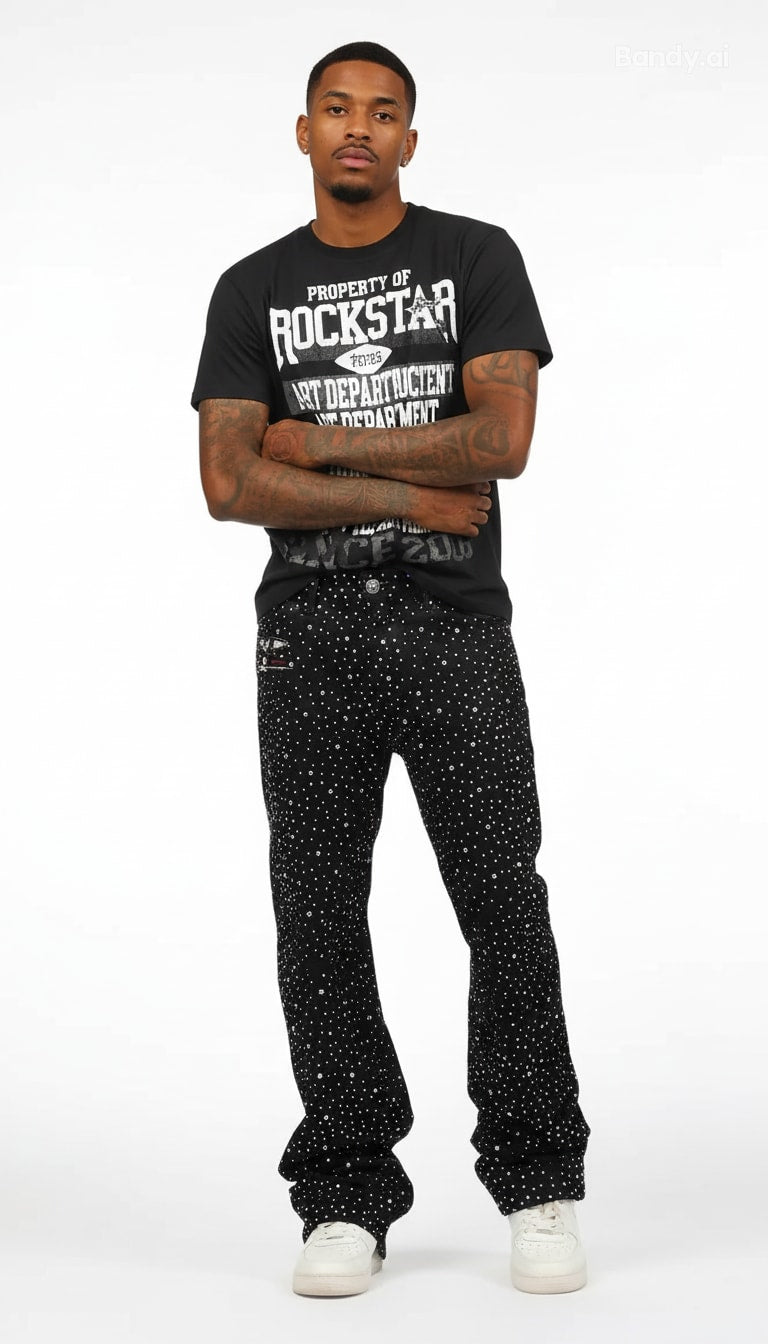 CALÇA BAGGY BLACK JEANS DESTRÓYED TOTAL STRASS ✨✨