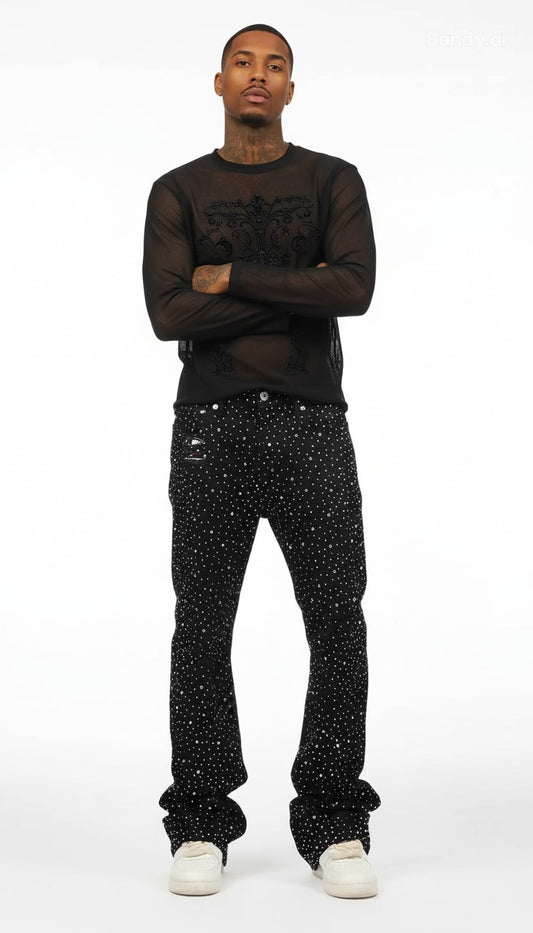 CALÇA BAGGY BLACK JEANS DESTRÓYED TOTAL STRASS ✨✨