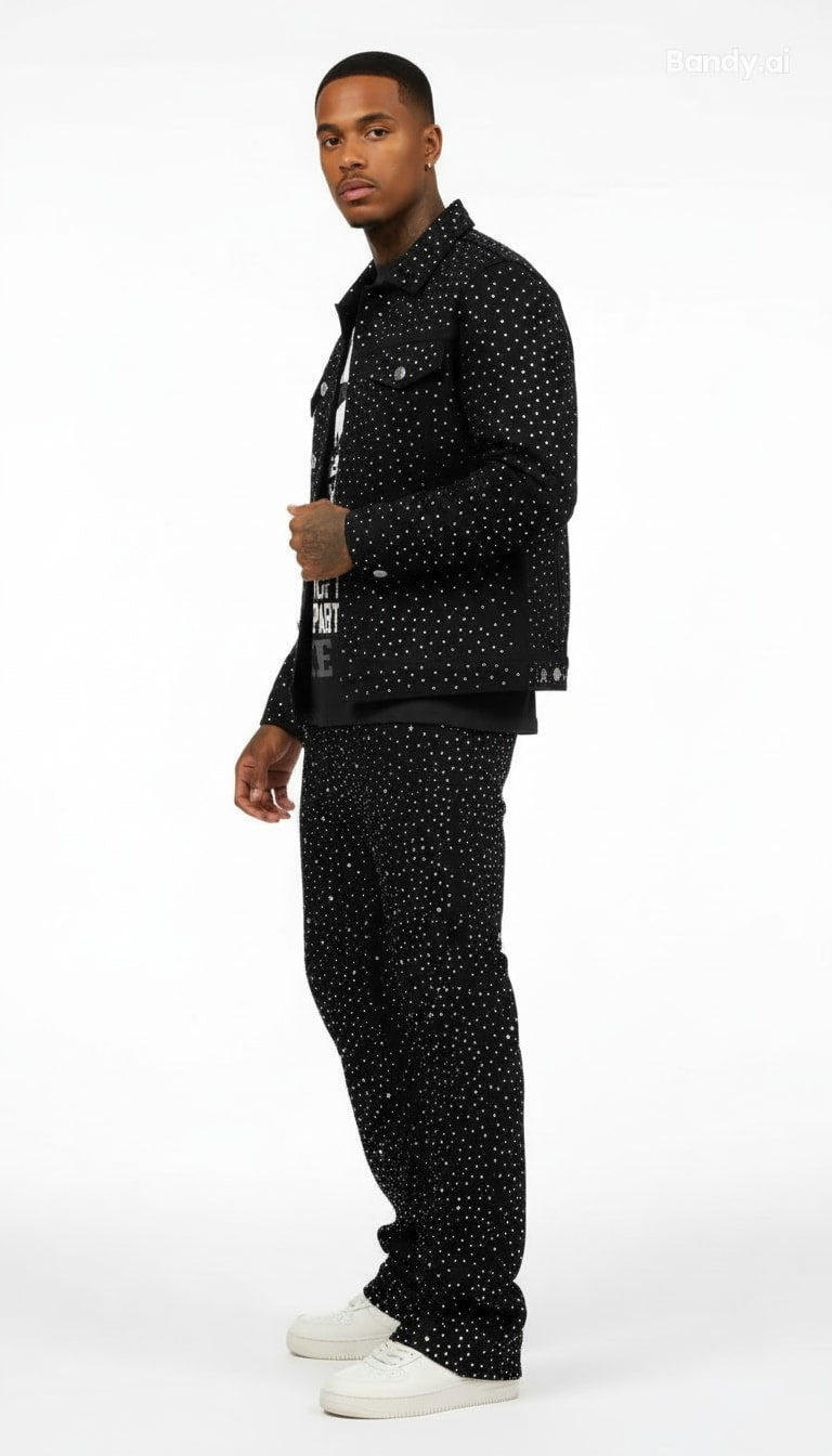 JAQUETA JEANS ALL BLACK STRASS ✨