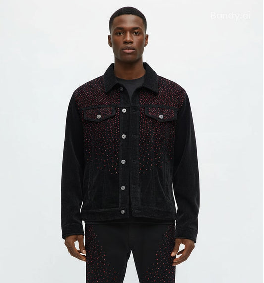 JAQUETA JEANS BLACK STRASS RED ✨
