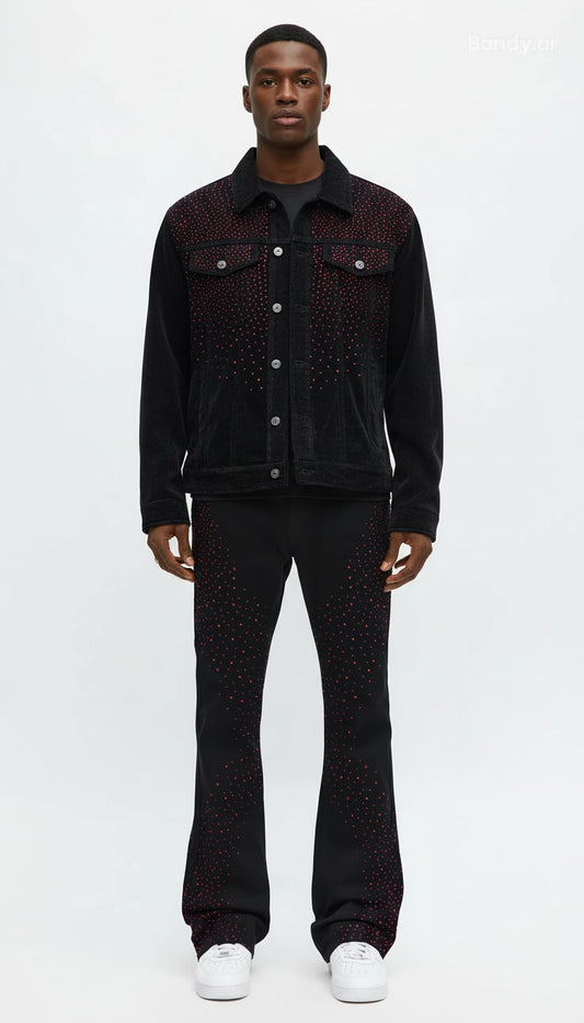 CONJUNTO BLACK JEANS FLARE RED STRASS ✨