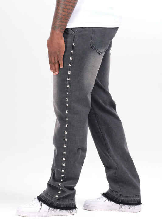 CALÇA JEANSN BAGGY MARMORIZADA TACHAS LATERAIS