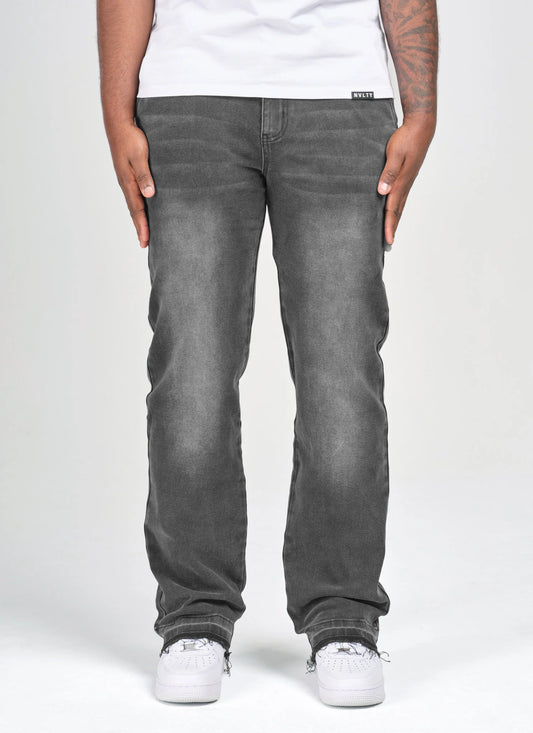 CALÇA BAGGY CINZA MARMORIZADA C/ BARRA DESFIADA