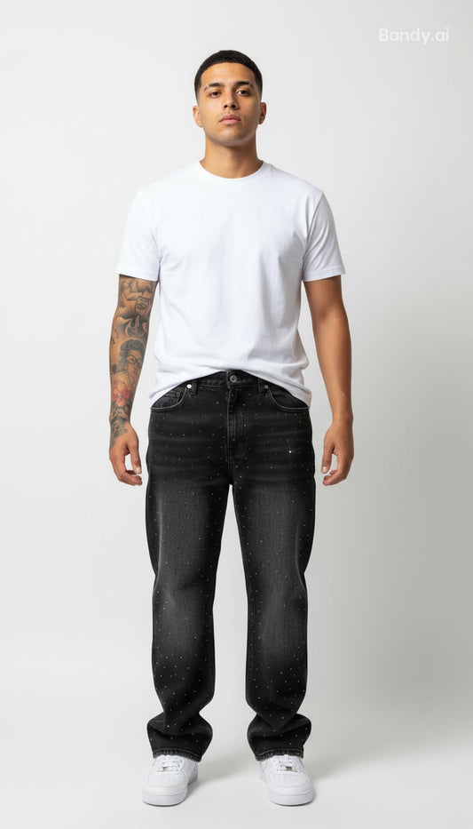 CALÇA BAGGY JEANS MARMORIZADA STRASS ✨✨