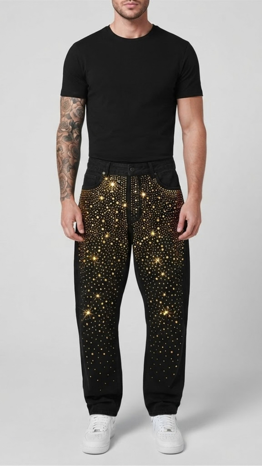 CALÇA BLACK BAGGY STRASS DOURADO✨