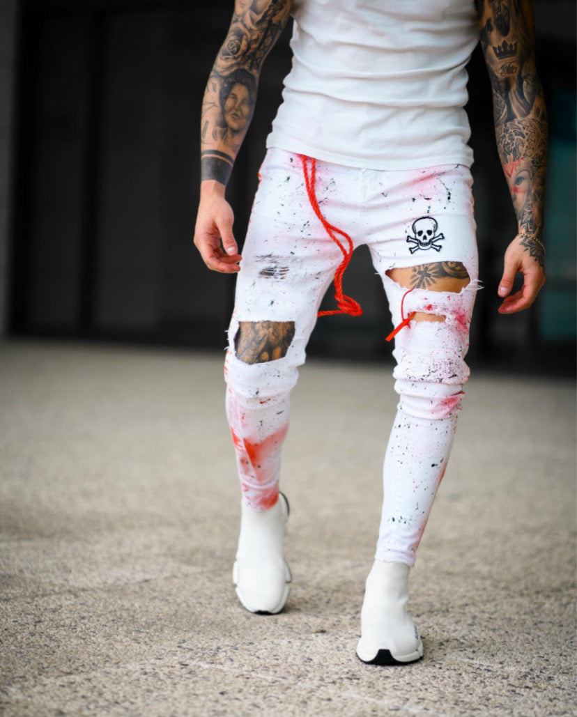 CALÇA SARJA SKINNY SPLASH RED PATCH ☠