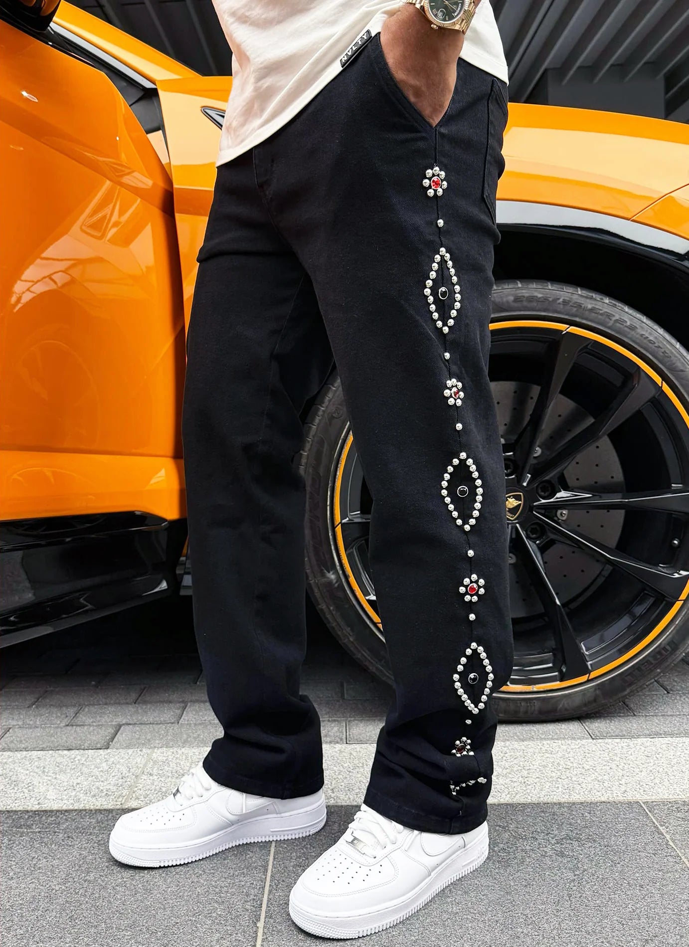 CALÇA BLACK BAGGY TACHAS CUSTOM LATERAL