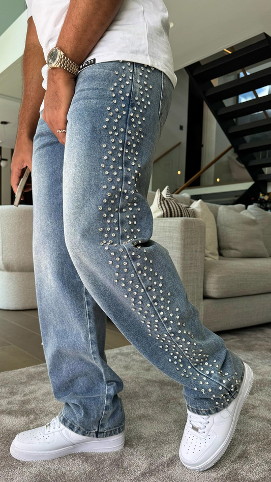 CALÇA JEANS BAGGY STRASS LATERAIS ✨