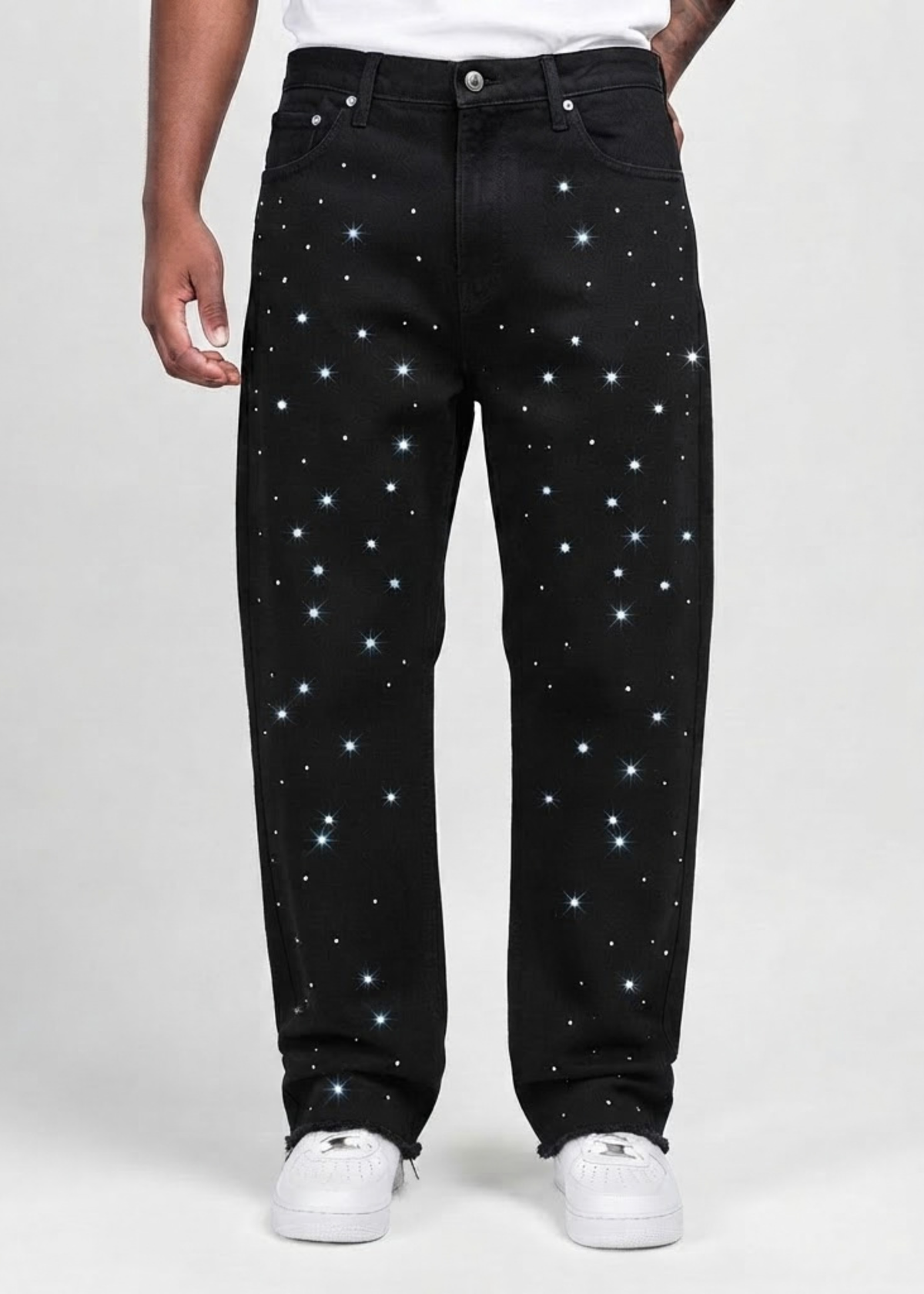 CALÇA BAGGY STRASS C/ BARRA DESFIADA