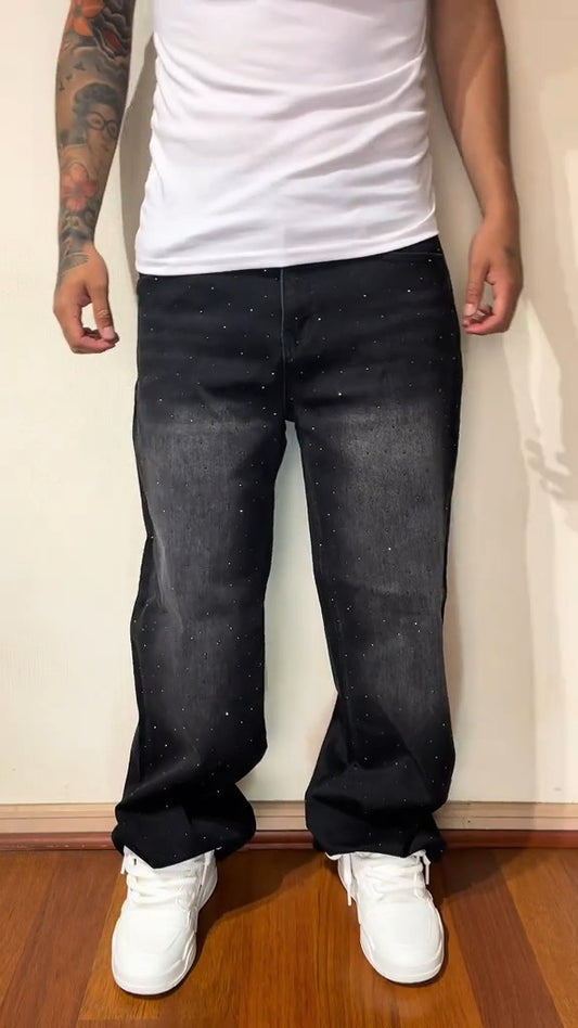 CALÇA BAGGY JEANS MARMORIZADA STRASS ✨✨