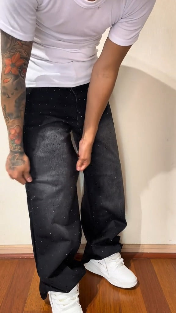 CALÇA BAGGY JEANS MARMORIZADA STRASS ✨✨