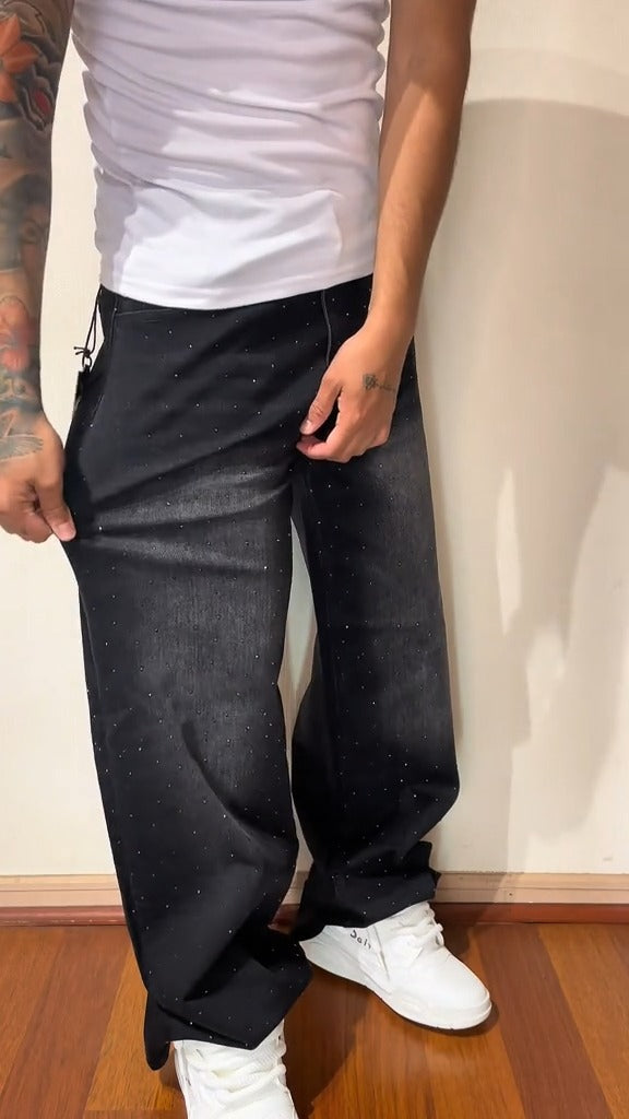 CALÇA BAGGY JEANS MARMORIZADA STRASS ✨✨