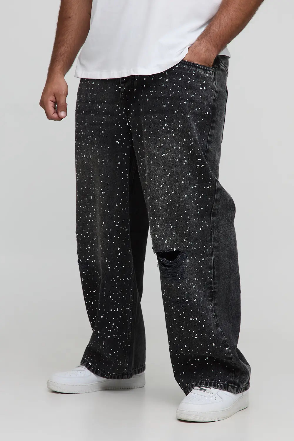 CALÇA JEANS BAGGY GRAFITE STRASS CRISTAL ✨
