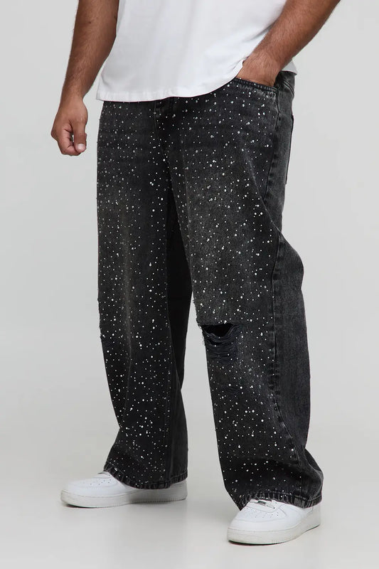 CALÇA JEANS BAGGY GRAFITE STRASS CRISTAL ✨