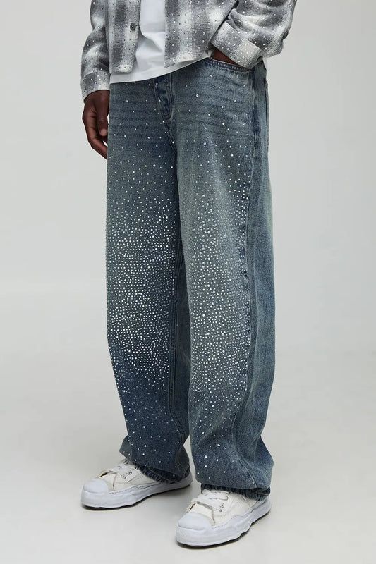 CALÇA JEANS BAGGY STRASS OVERALL ✨