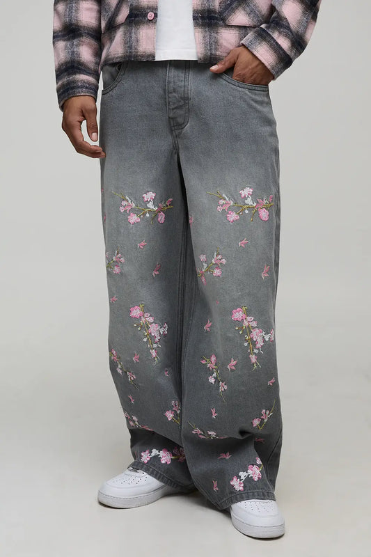 CALÇA JEANS CINZA BAGGY COM APLICAÇÃO 🌹