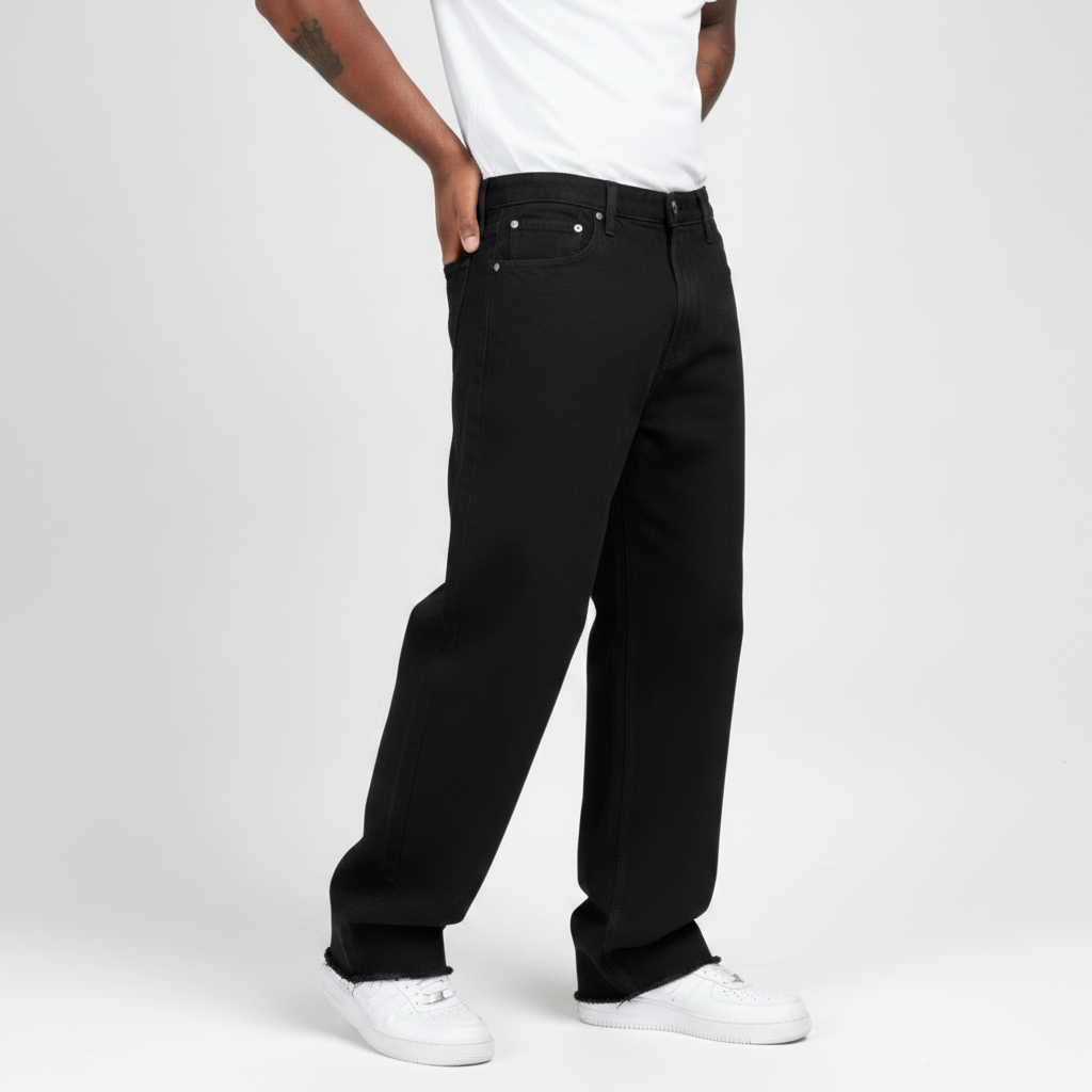 CALÇA BAGGY JEANS BLACK C/ BARRA DESFIADA