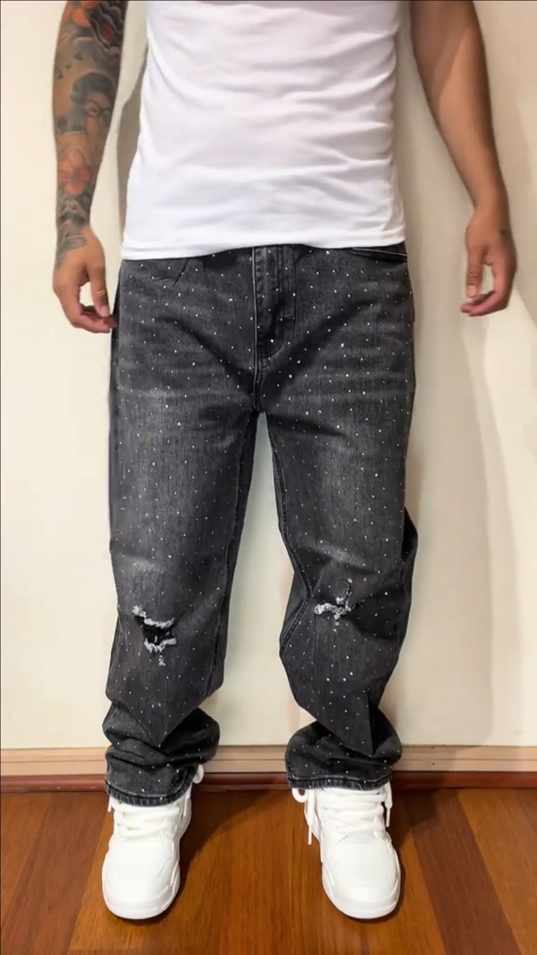 CALÇA BAGGY JEANS MARMORIZADA STRASS DESTRÓYED ✨✨