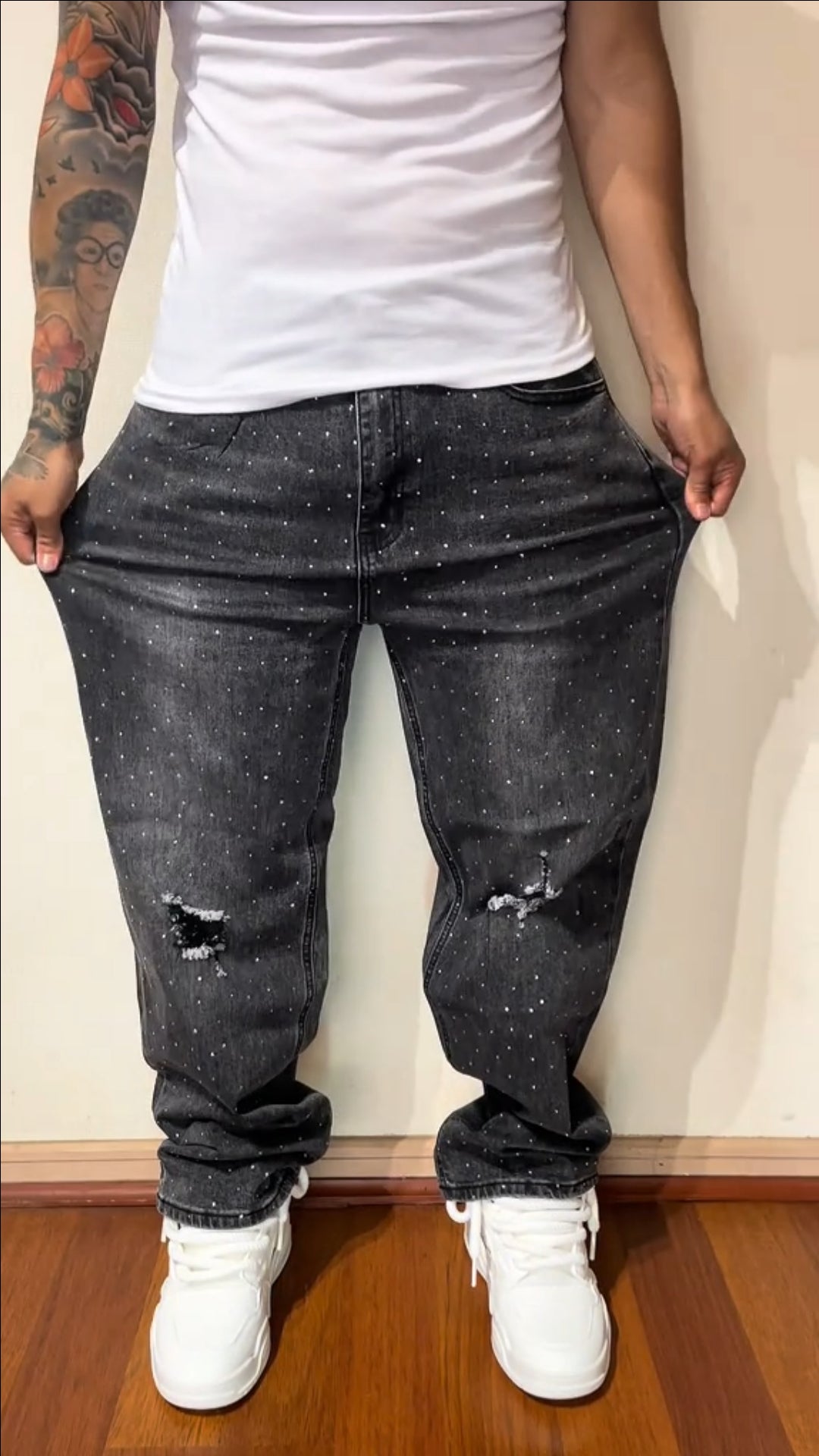 CALÇA BAGGY JEANS MARMORIZADA STRASS DESTRÓYED ✨✨