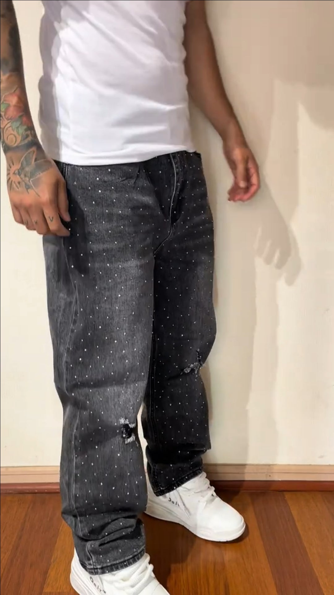 CALÇA BAGGY JEANS MARMORIZADA STRASS DESTRÓYED ✨✨