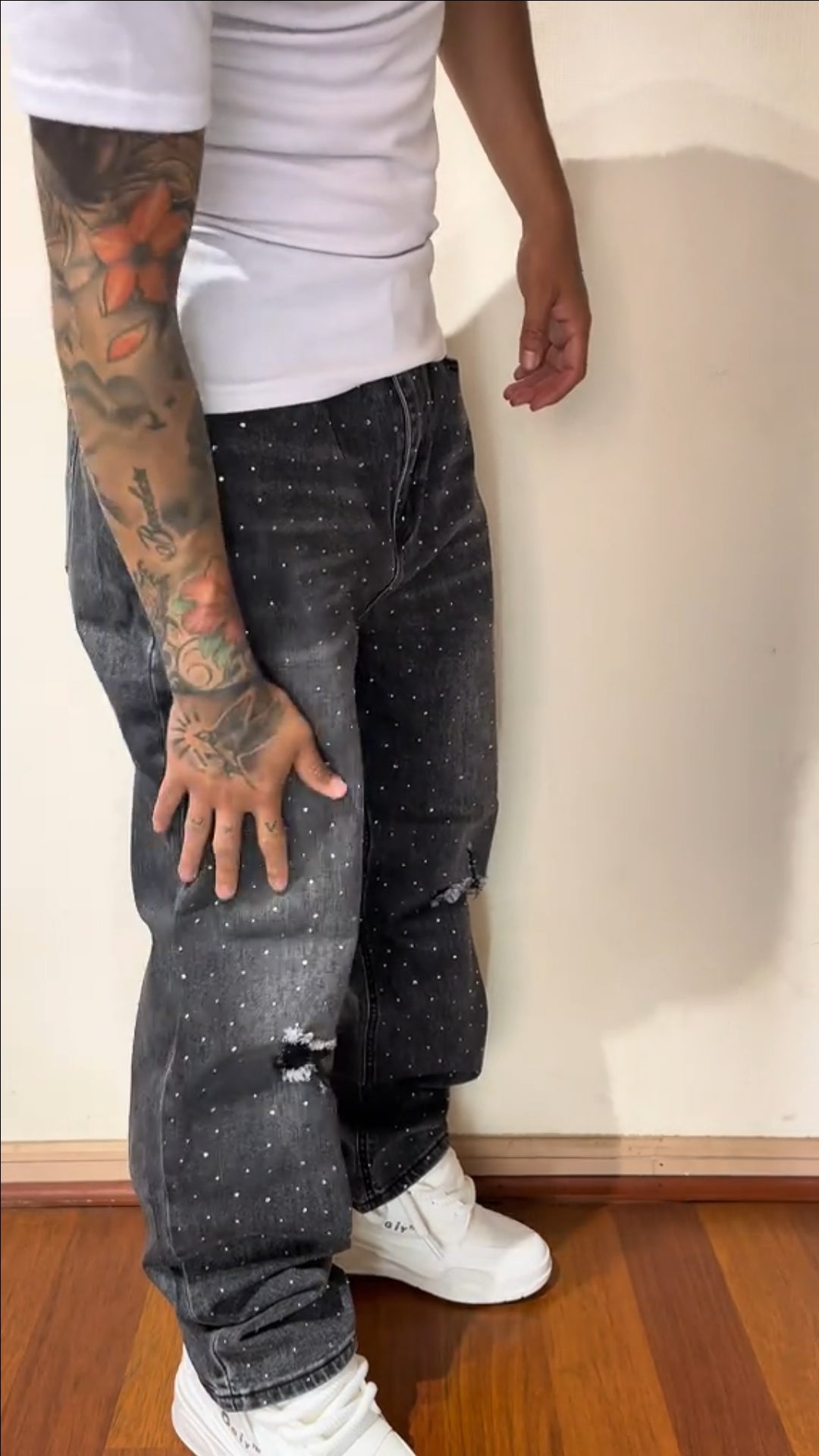 CALÇA BAGGY JEANS MARMORIZADA STRASS DESTRÓYED ✨✨