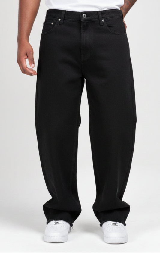 CALÇA BAGGY JEANS BLACK C/ BARRA DESFIADA