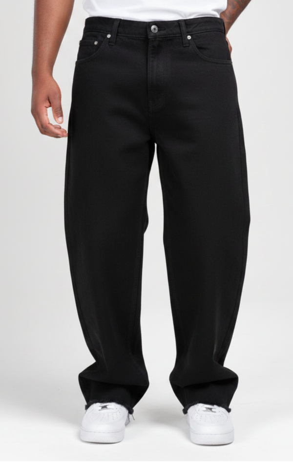 CALÇA BAGGY JEANS BLACK C/ BARRA DESFIADA
