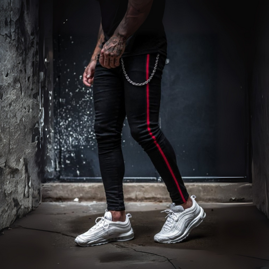 CALÇA JEANS BLACK RED C/ CORRENTE ⛓